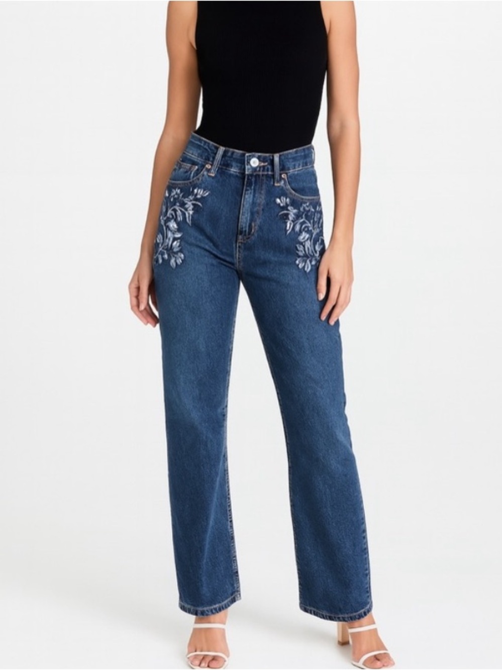 Camila Coelho Blue Embroidered Floral Straight Leg Crop Ankle Jeans